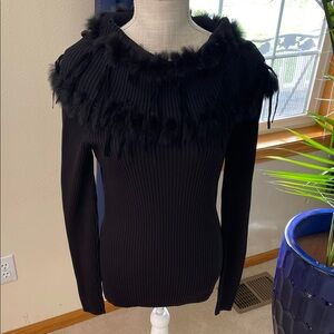 Michele Elegant Black Feather-Trimmed Cowl Neck Sweater